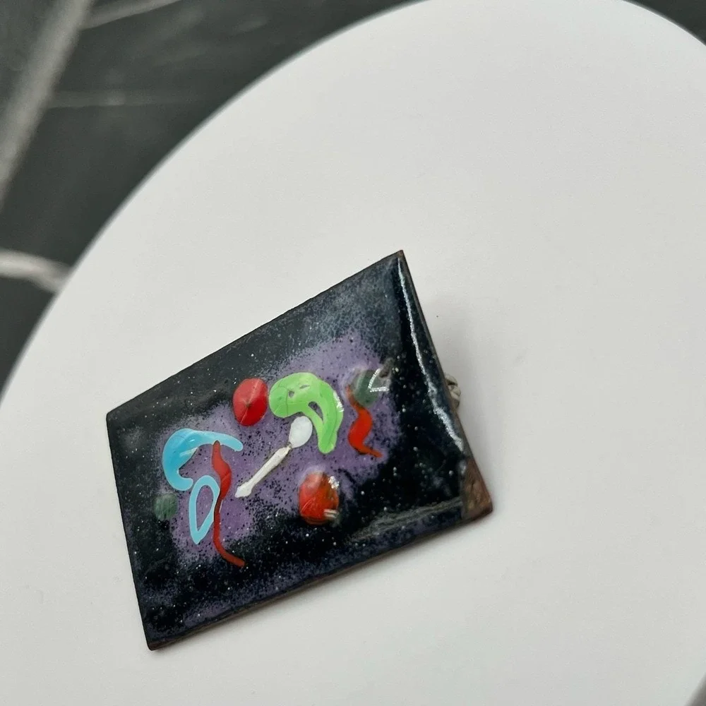 Vintage Multicolor Classic Rectangular‎ Abstract Art Enameled Copper Brooch Pin